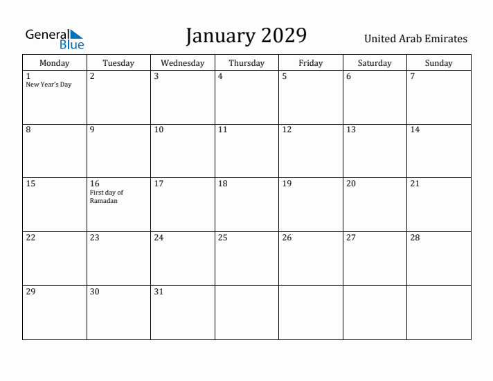 January 2029 Calendar United Arab Emirates