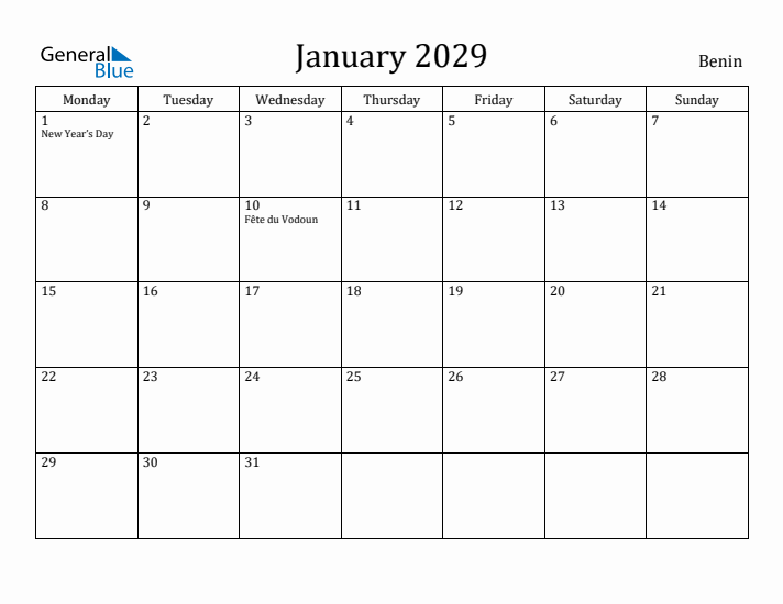 January 2029 Calendar Benin