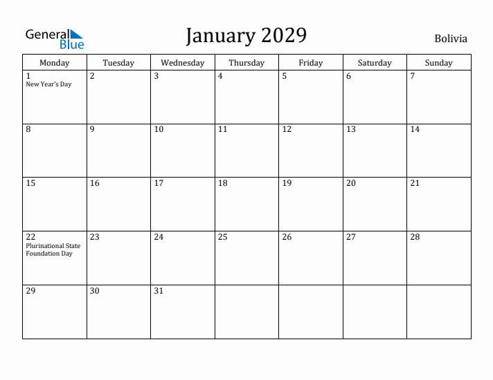 January 2029 Calendar Bolivia