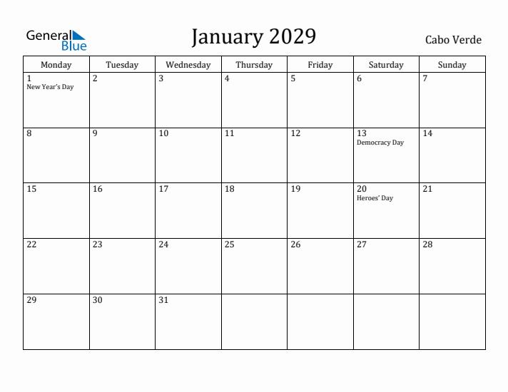 January 2029 Calendar Cabo Verde