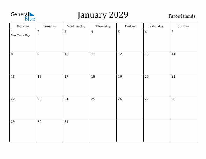 January 2029 Calendar Faroe Islands