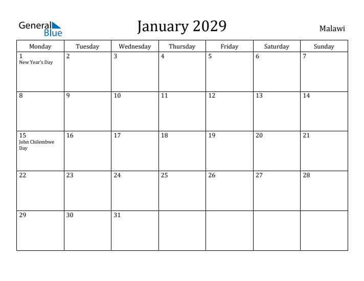 January 2029 Calendar Malawi