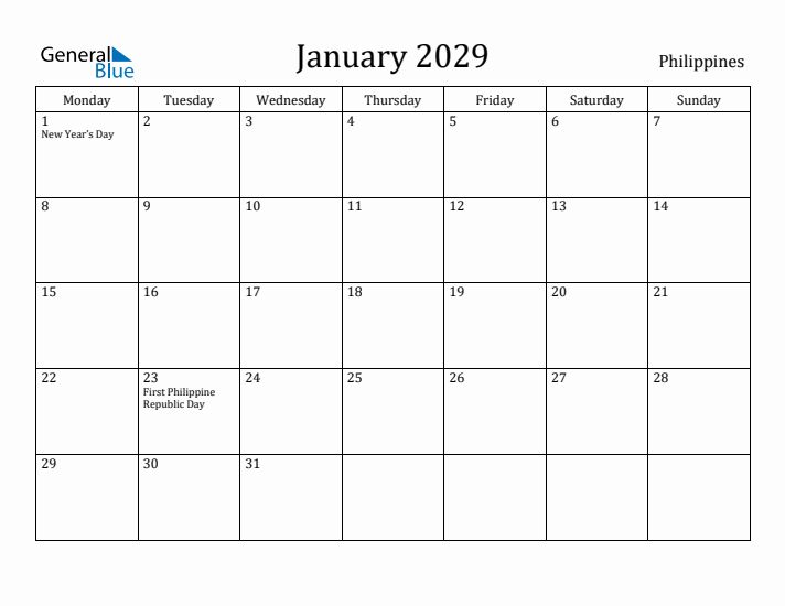 January 2029 Calendar Philippines