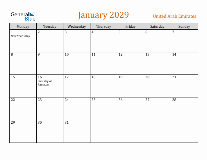 January 2029 Holiday Calendar with Monday Start