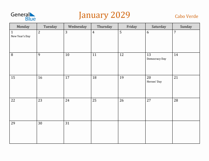 January 2029 Holiday Calendar with Monday Start