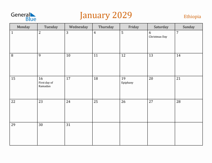 January 2029 Holiday Calendar with Monday Start