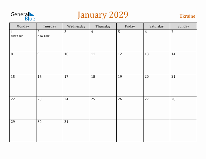 January 2029 Holiday Calendar with Monday Start