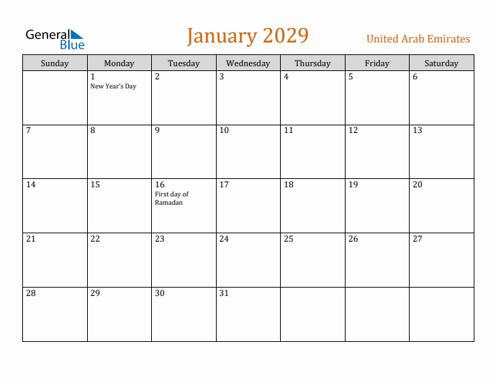 January 2029 Holiday Calendar with Sunday Start