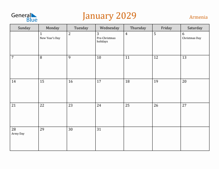 January 2029 Holiday Calendar with Sunday Start