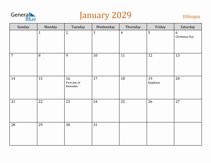 January 2029 Holiday Calendar with Sunday Start