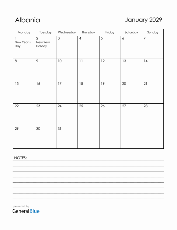 January 2029 Albania Calendar with Holidays (Monday Start)