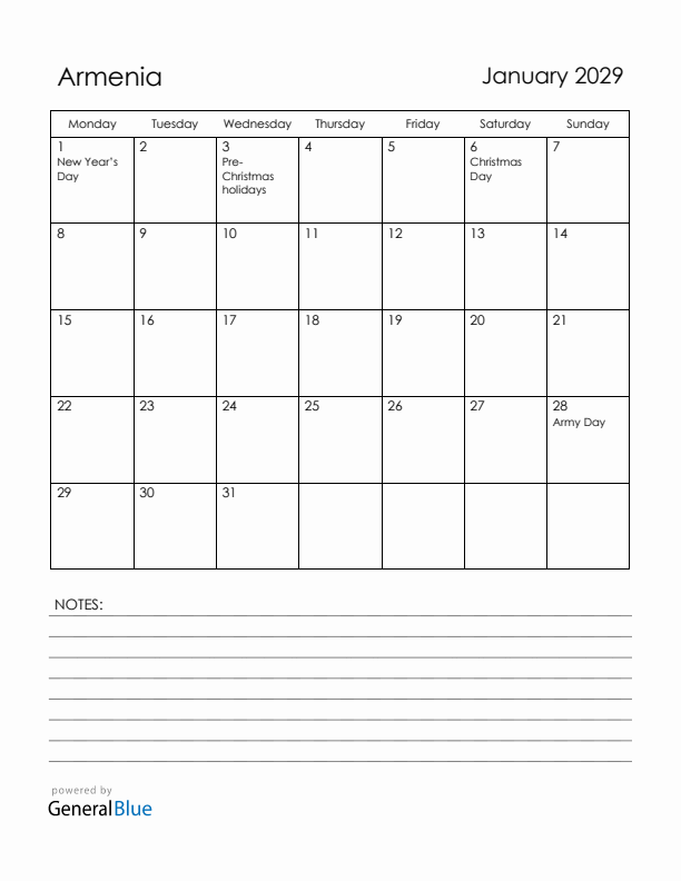 January 2029 Armenia Calendar with Holidays (Monday Start)