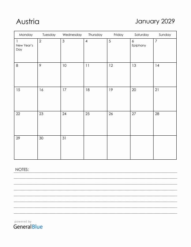 January 2029 Austria Calendar with Holidays (Monday Start)