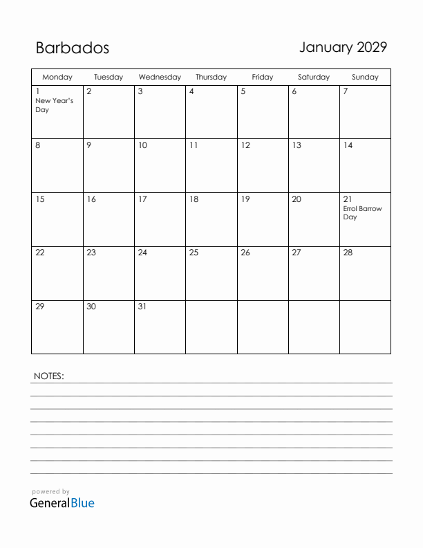 January 2029 Barbados Calendar with Holidays (Monday Start)