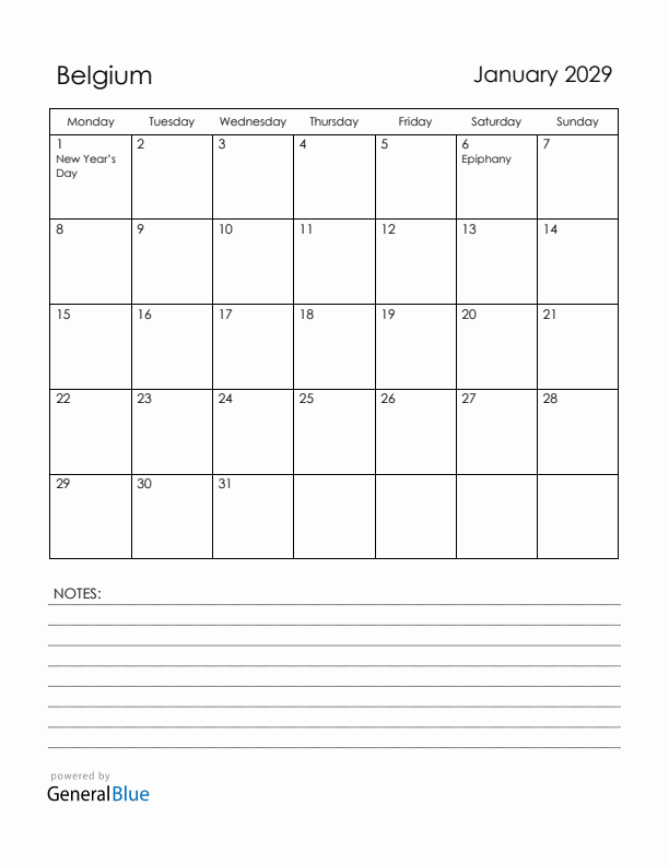 January 2029 Belgium Calendar with Holidays (Monday Start)