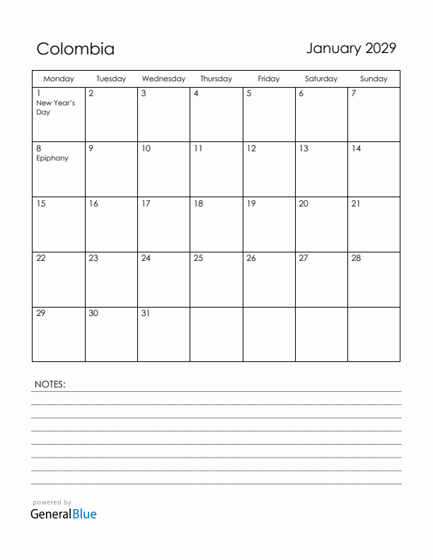 January 2029 Colombia Calendar with Holidays (Monday Start)