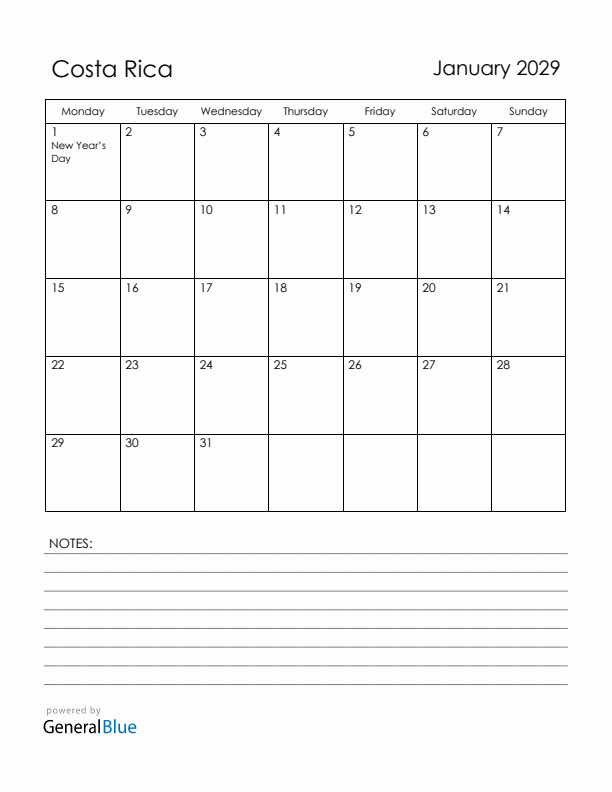 January 2029 Costa Rica Calendar with Holidays (Monday Start)