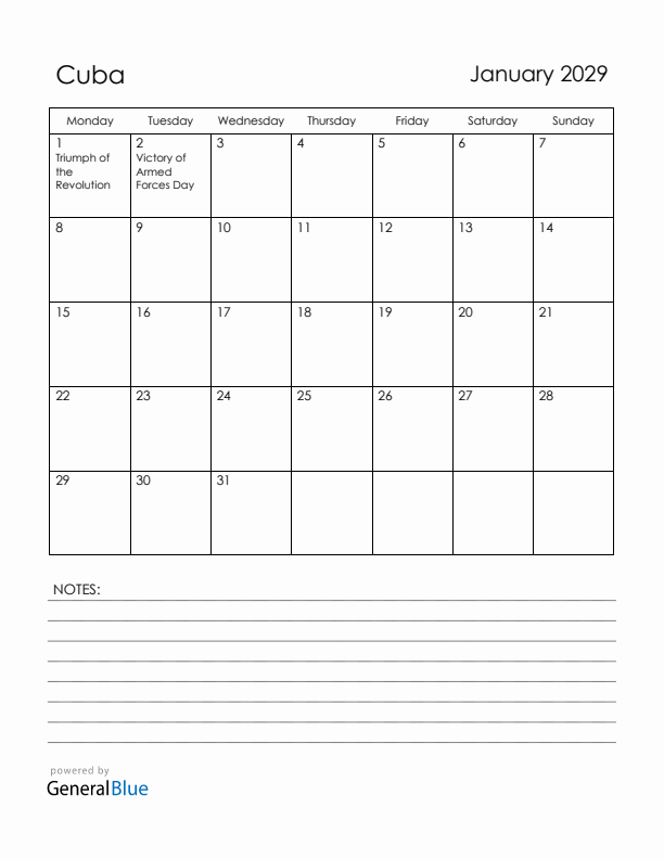 January 2029 Cuba Calendar with Holidays (Monday Start)