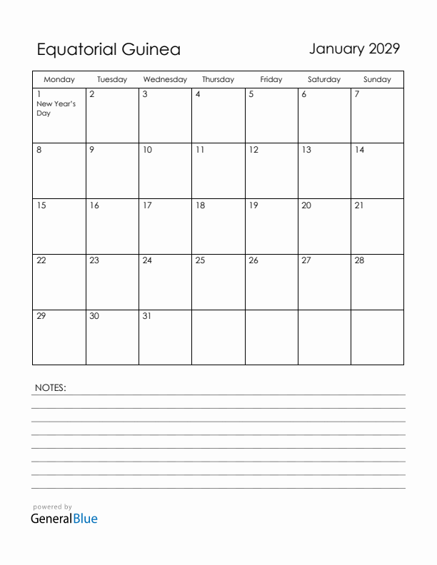 January 2029 Equatorial Guinea Calendar with Holidays (Monday Start)