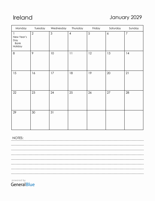 January 2029 Ireland Calendar with Holidays (Monday Start)