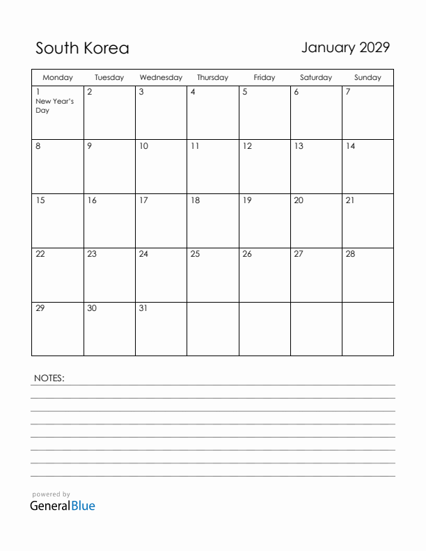 January 2029 South Korea Calendar with Holidays (Monday Start)