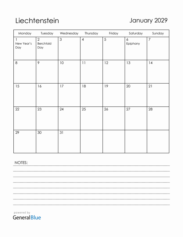 January 2029 Liechtenstein Calendar with Holidays (Monday Start)