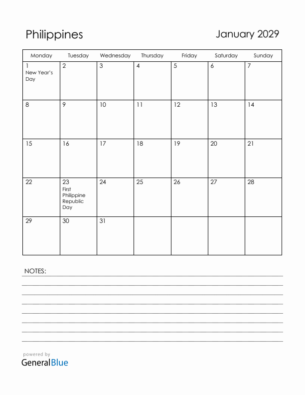 January 2029 Philippines Calendar with Holidays (Monday Start)