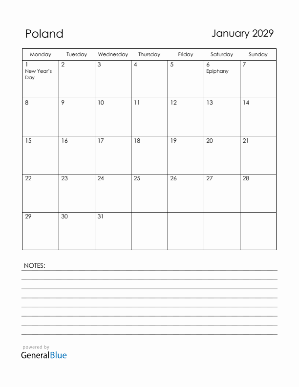 January 2029 Poland Calendar with Holidays (Monday Start)