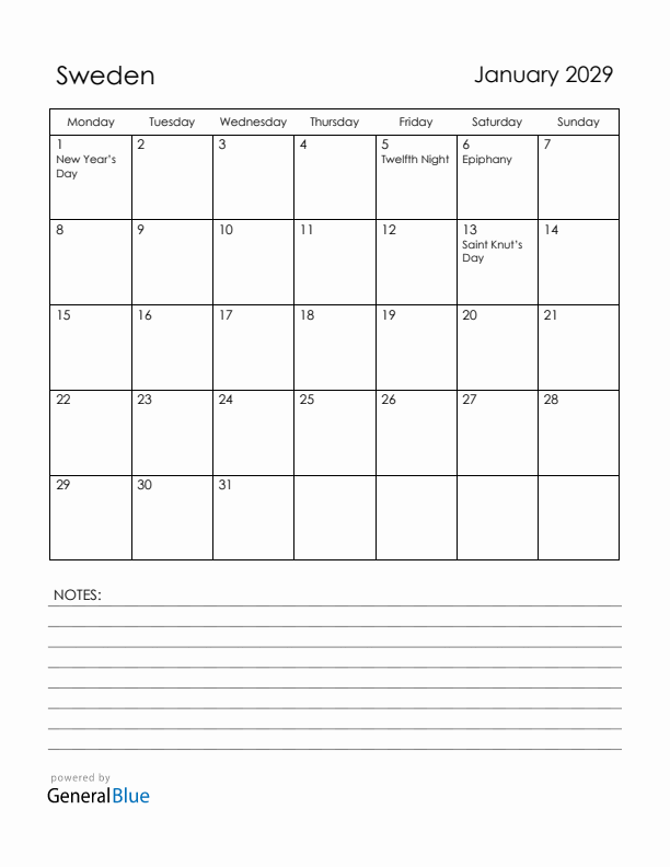 January 2029 Sweden Calendar with Holidays (Monday Start)
