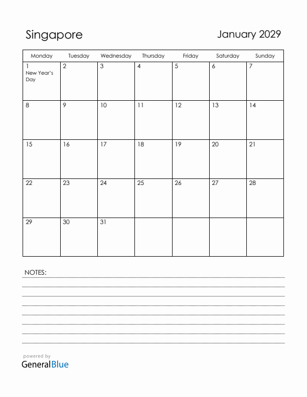January 2029 Singapore Calendar with Holidays (Monday Start)