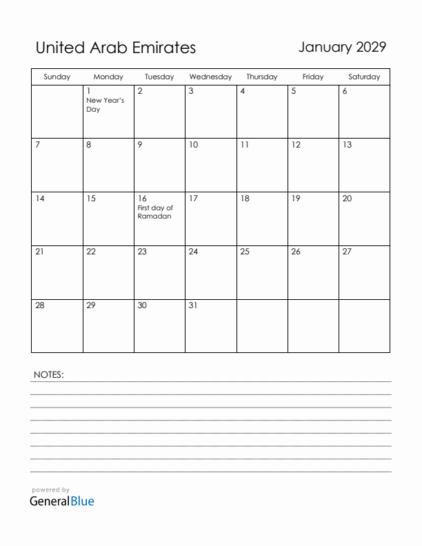 January 2029 United Arab Emirates Calendar with Holidays (Sunday Start)