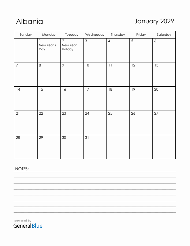 January 2029 Albania Calendar with Holidays (Sunday Start)