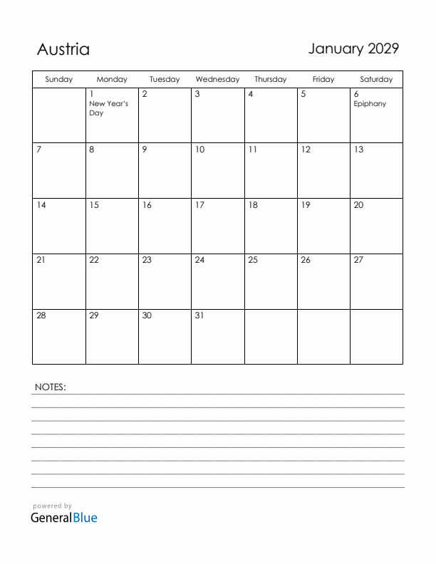 January 2029 Austria Calendar with Holidays (Sunday Start)