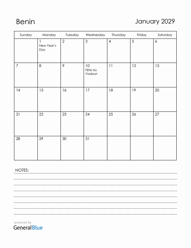 January 2029 Benin Calendar with Holidays (Sunday Start)