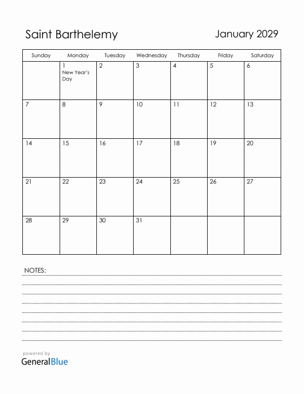 January 2029 Saint Barthelemy Calendar with Holidays (Sunday Start)