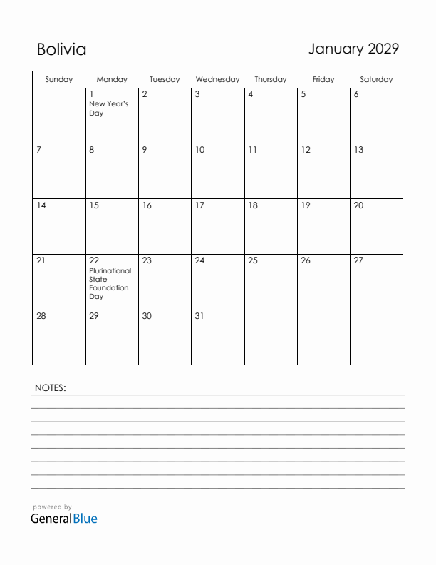 January 2029 Bolivia Calendar with Holidays (Sunday Start)