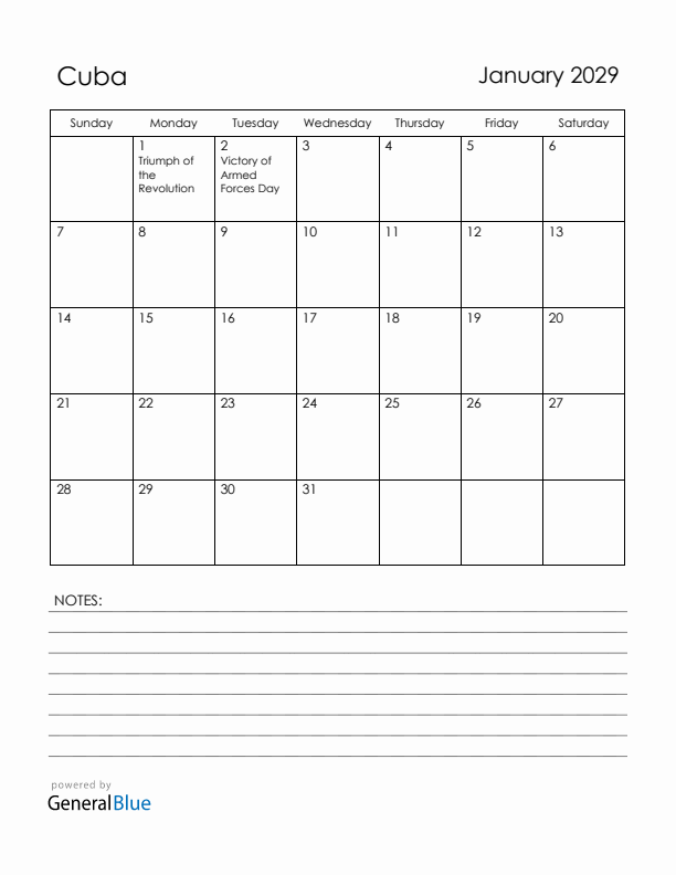 January 2029 Cuba Calendar with Holidays (Sunday Start)