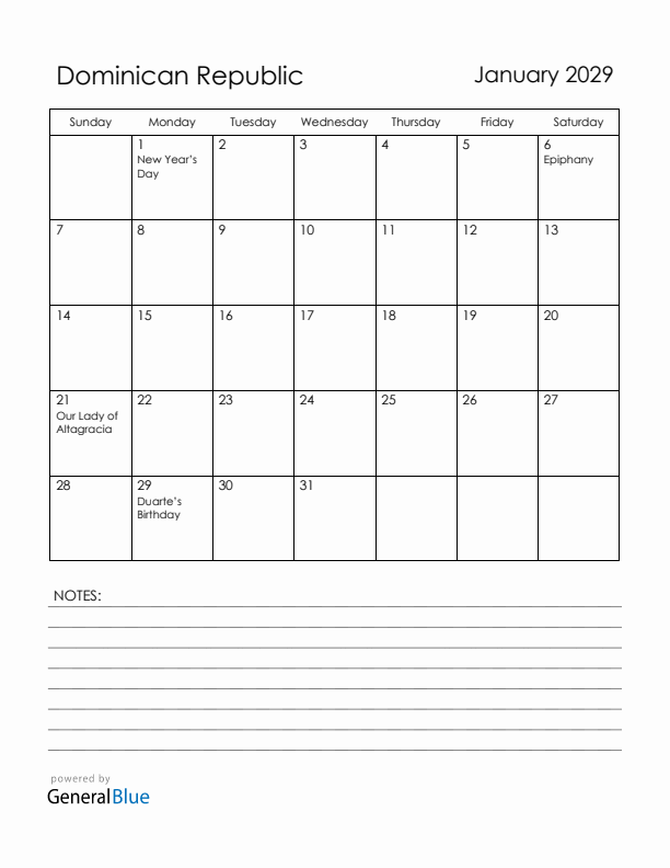 January 2029 Dominican Republic Calendar with Holidays (Sunday Start)