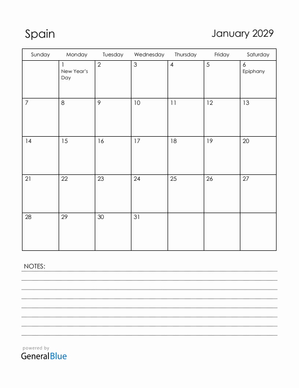 January 2029 Spain Calendar with Holidays (Sunday Start)