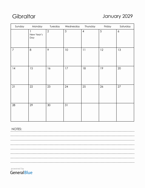 January 2029 Gibraltar Calendar with Holidays (Sunday Start)