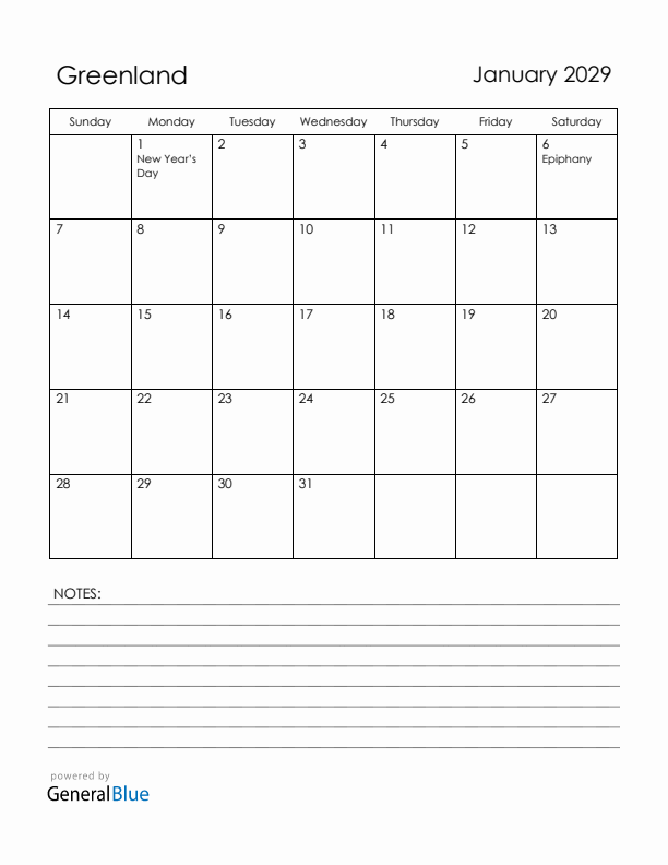 January 2029 Greenland Calendar with Holidays (Sunday Start)