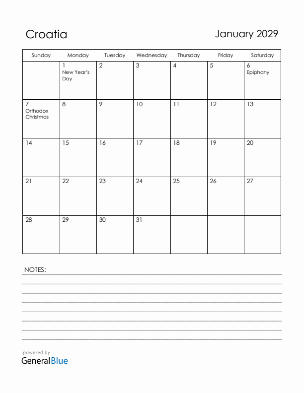 January 2029 Croatia Calendar with Holidays (Sunday Start)
