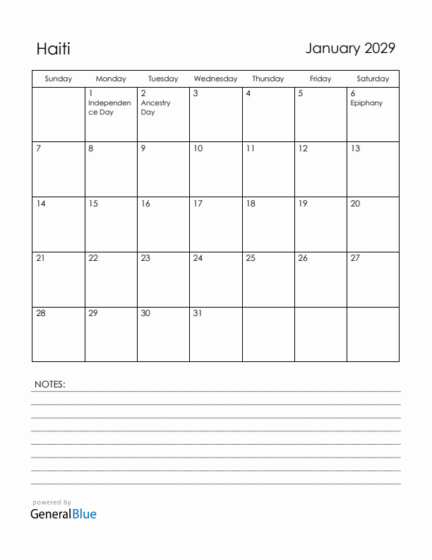 January 2029 Haiti Calendar with Holidays (Sunday Start)