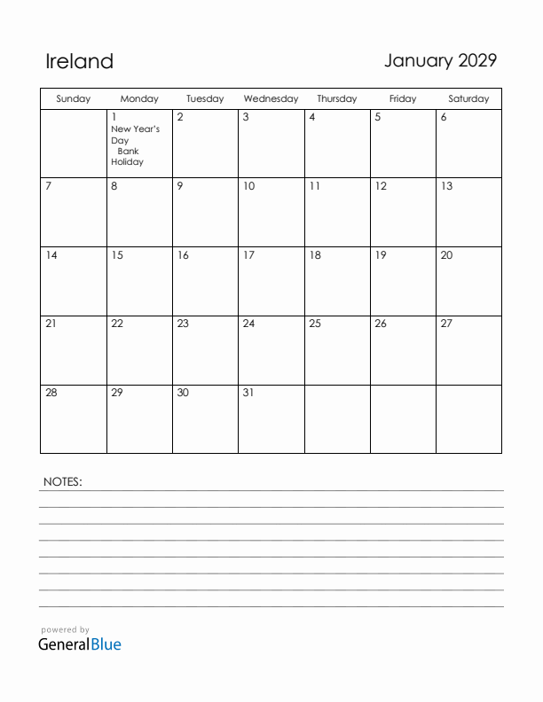 January 2029 Ireland Calendar with Holidays (Sunday Start)