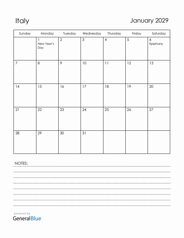 January 2029 Italy Calendar with Holidays (Sunday Start)
