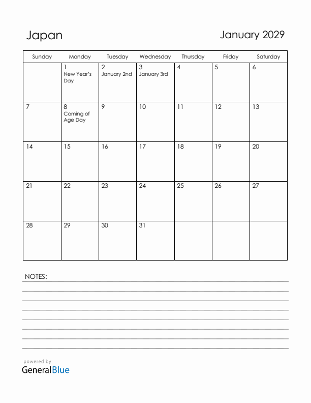 January 2029 Japan Calendar with Holidays (Sunday Start)