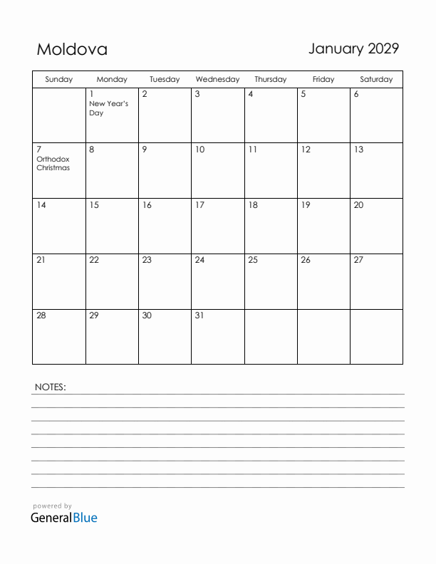 January 2029 Moldova Calendar with Holidays (Sunday Start)