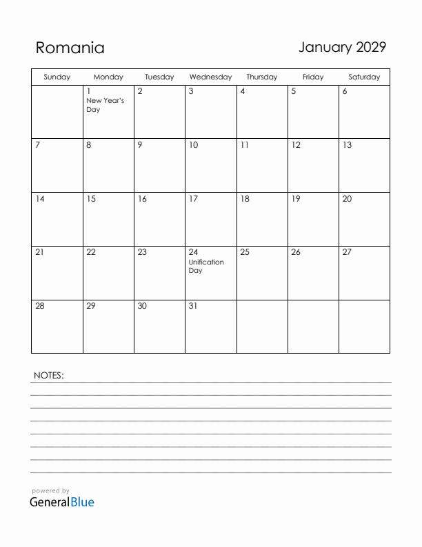 January 2029 Romania Calendar with Holidays (Sunday Start)