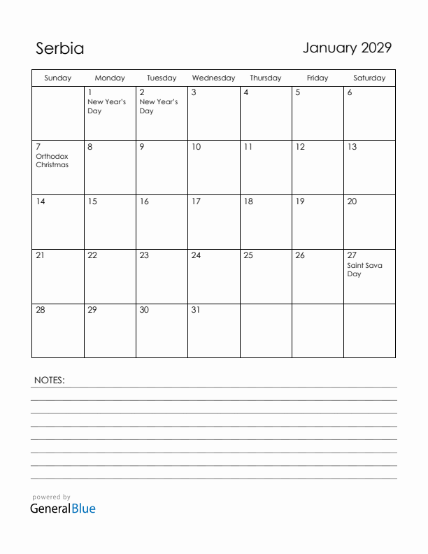 January 2029 Serbia Calendar with Holidays (Sunday Start)