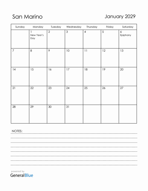 January 2029 San Marino Calendar with Holidays (Sunday Start)